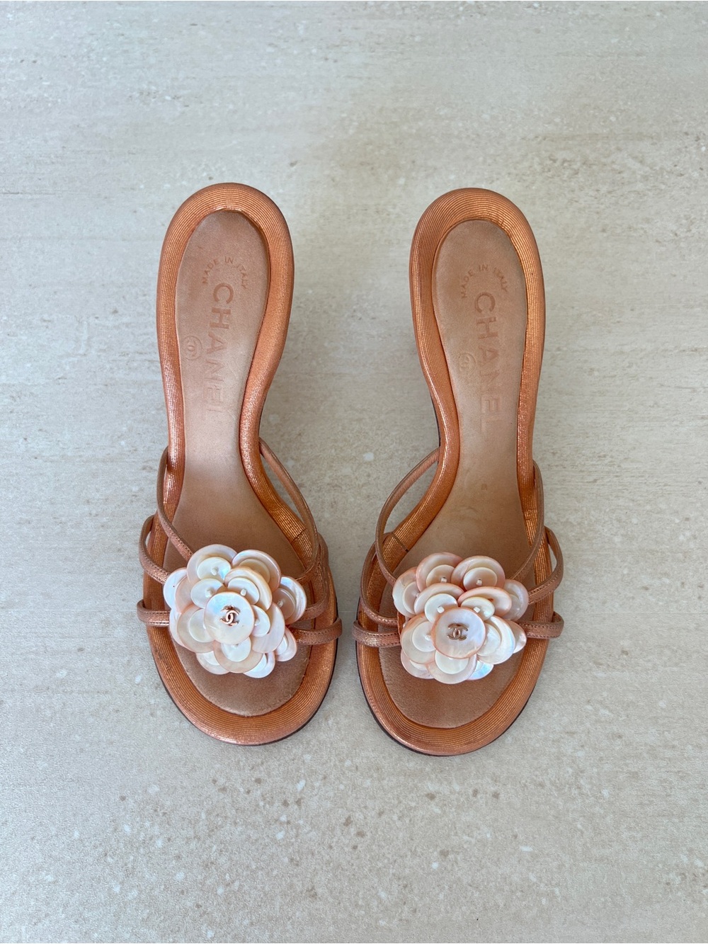 CHANEL Vintage Camellia Shell Sandals